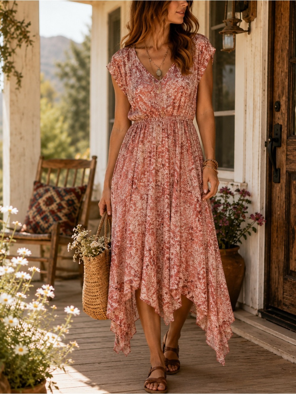 Sundance 100% Silk Floral Handkerchief Hem Dress Romantic Boho Size 4